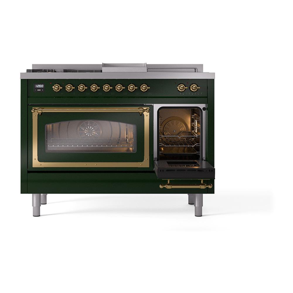 Ilve UN48FSNMPEGGLP Ilve Un48Fsnmpegglp Nostalgie Ii Noblesse 48" Dual Fuel Range (5 Sealed Burners + Griddle + French Top, Liquid Propane, Triple Glass Door, Emerald Green, Brass)