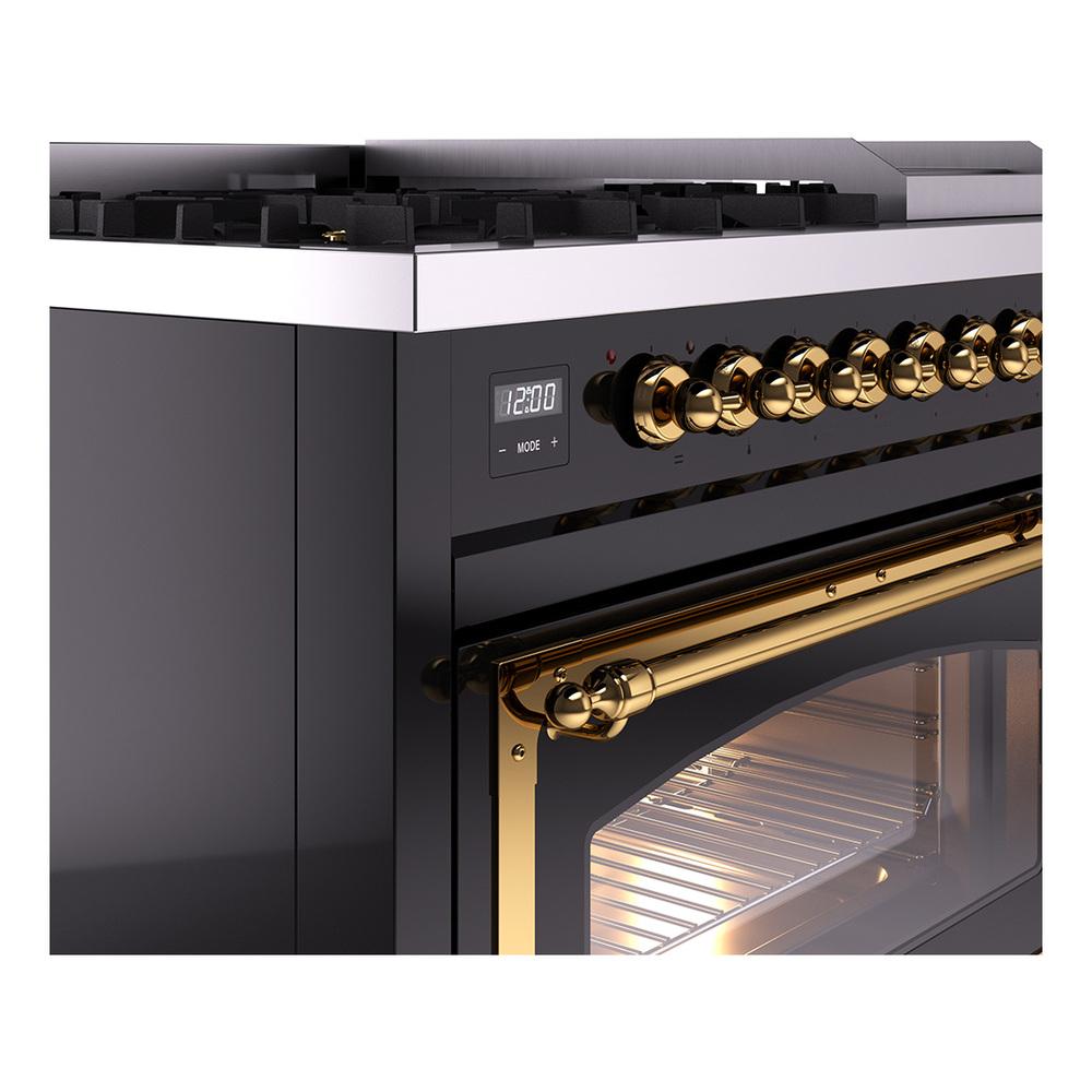 Ilve UN48FNMPBKGLP Ilve Un48Fnmpbkglp Nostalgie Ii Noblesse 48" Dual Fuel Range (8 Sealed Burners + Griddle, Liquid Propane, Triple Glass Door, Glossy Black, Brass)