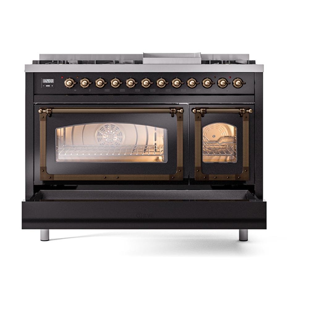 Ilve UN48FNMPBKB Ilve Un48Fnmpbkb Nostalgie Ii Noblesse 48" Dual Fuel Range (8 Sealed Burners + Griddle, Natural Gas, Triple Glass Door, Glossy Black, Burnished)