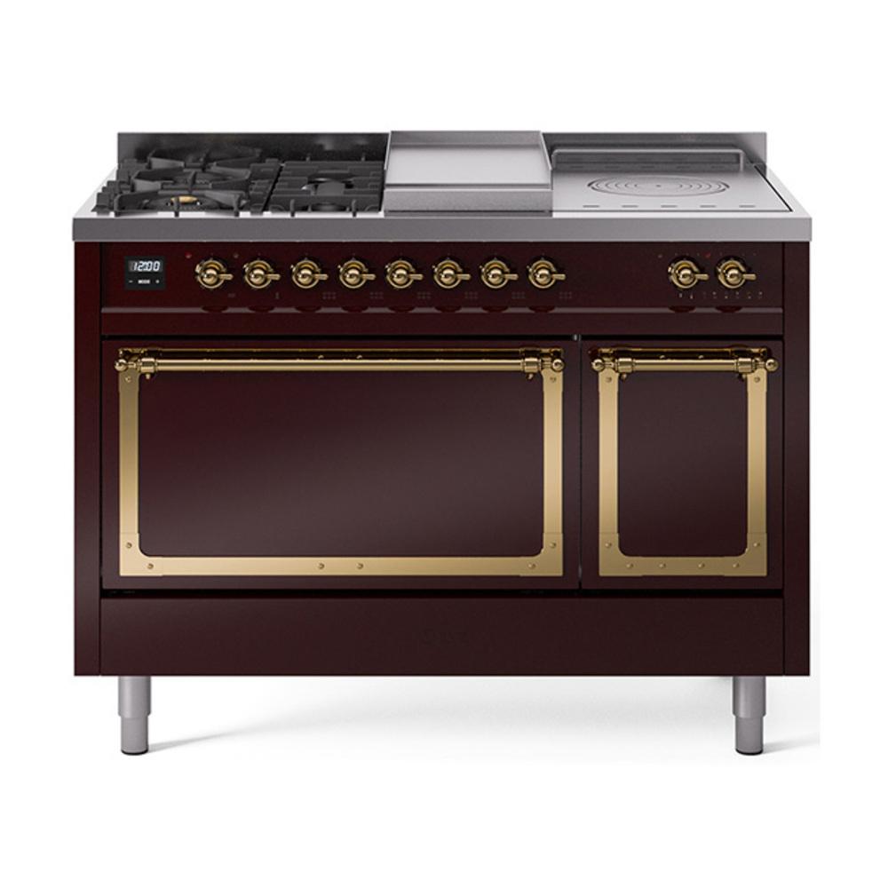 Ilve UN48FSQNMPBUG Ilve Un48Fsqnmpbug Nostalgie Ii Noblesse 48" Dual Fuel Range (5 Sealed Burners + Griddle + French Top, Natural Gas, Solid Door, Burgundy, Brass)