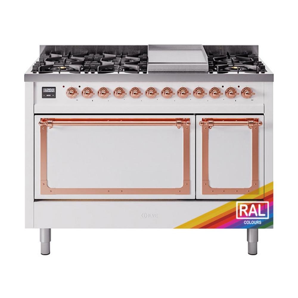 Ilve UN48FQNMPRAPLP Ilve Un48Fqnmpraplp Nostalgie Ii Noblesse 48" Dual Fuel Range (8 Sealed Burners + Griddle, Liquid Propane, Solid Door, Ral, Copper)