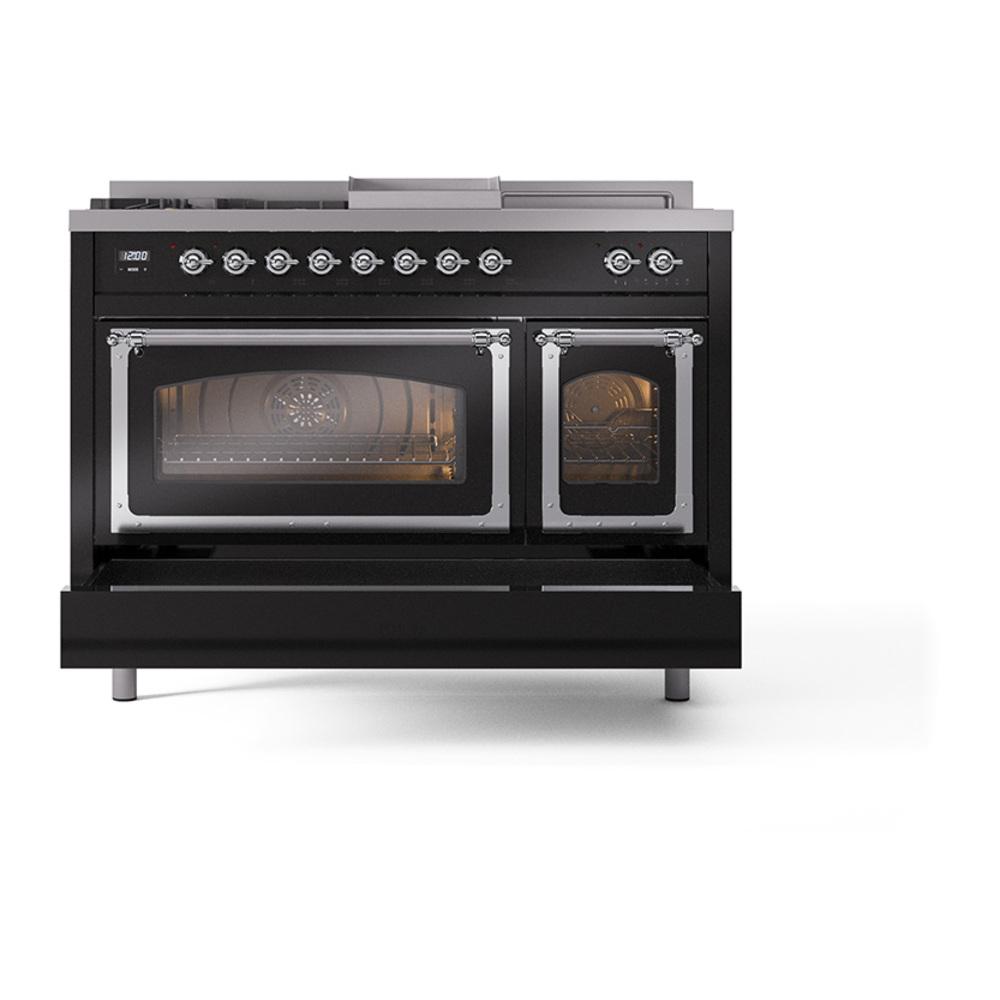 Ilve UN48FSNMPBKC Ilve Un48Fsnmpbkc Nostalgie Ii Noblesse 48" Dual Fuel Range (5 Sealed Burners + Griddle + French Top, Natural Gas, Triple Glass Door, Glossy Black, Chrome)