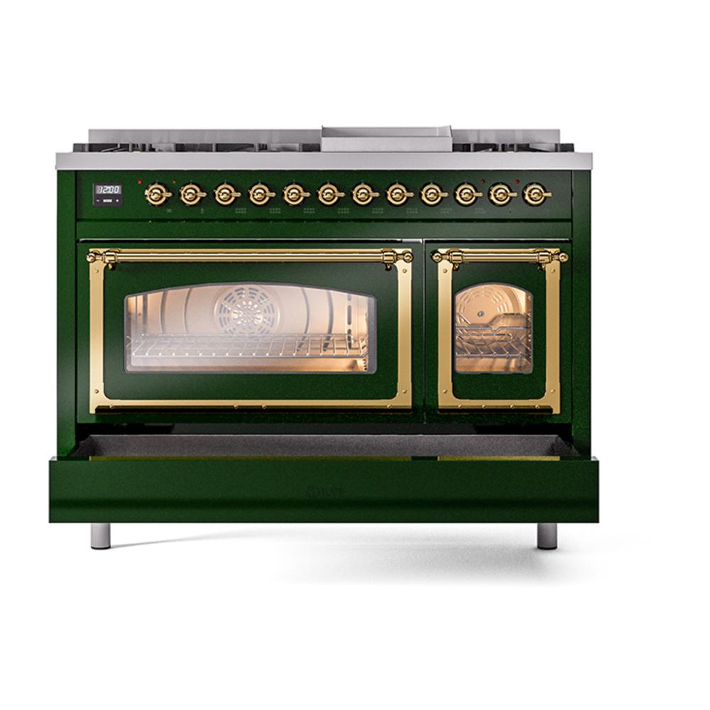 Ilve UN48FNMPEGGLP Ilve Un48Fnmpegglp Nostalgie Ii Noblesse 48" Dual Fuel Range (8 Sealed Burners + Griddle, Liquid Propane, Triple Glass Door, Emerald Green, Brass)