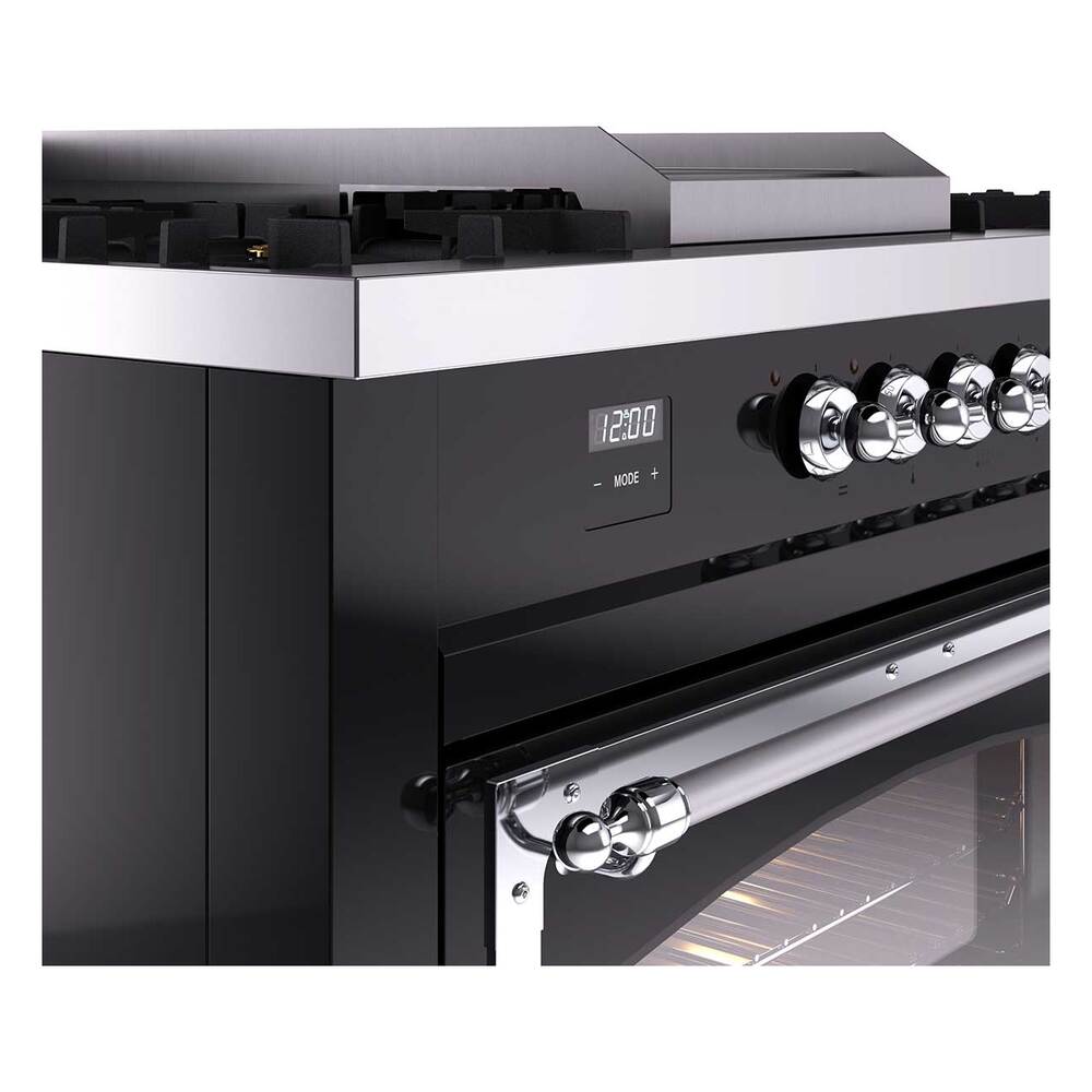 Ilve UN60FSNMPBKCLP Ilve Un60Fsnmpbkclp Nostalgie Ii Noblesse 60" Dual Fuel Range (7 Sealed Burners + Griddle + French Top, Liquid Propane, Triple Glass Door, Glossy Black, Chrome)