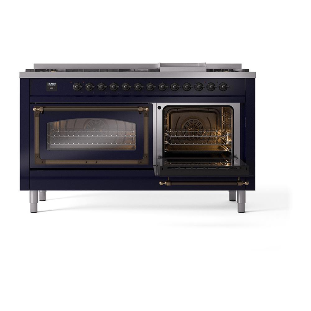 Ilve UN60FNMPMBB Ilve Un60Fnmpmbb Nostalgie Ii Noblesse 60" Dual Fuel Range (9 Sealed Burners + Griddle, Natural Gas, Triple Glass Door, Midnight Blue, Burnished)