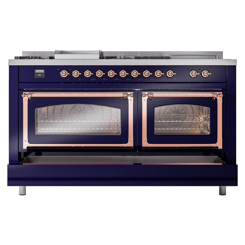 Ilve UN60FSNMPMBPLP Ilve Un60Fsnmpmbplp Nostalgie Ii Noblesse 60" Dual Fuel Range (7 Sealed Burners + Griddle + French Top, Liquid Propane, Triple Glass Door, Midnight Blue, Copper)