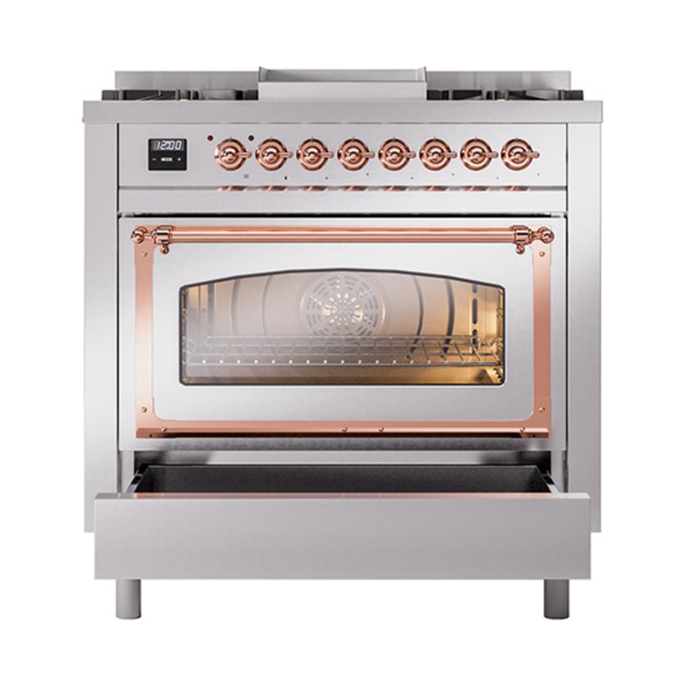 Ilve UN36FNMPSSPLP Ilve Un36Fnmpssplp Nostalgie Ii Noblesse 36" Dual Fuel Range (Liquid Propane, Triple Glass Door, Stainless Steel, Copper)