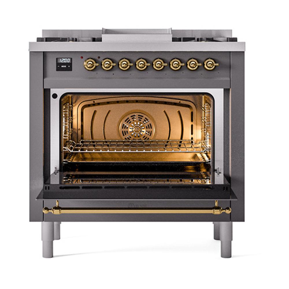 Ilve UN36FQNMPMGG Ilve Un36Fqnmpmgg Nostalgie Ii Noblesse 36" Dual Fuel Range (Natural Gas, Solid Door, Graphite Matte, Brass)