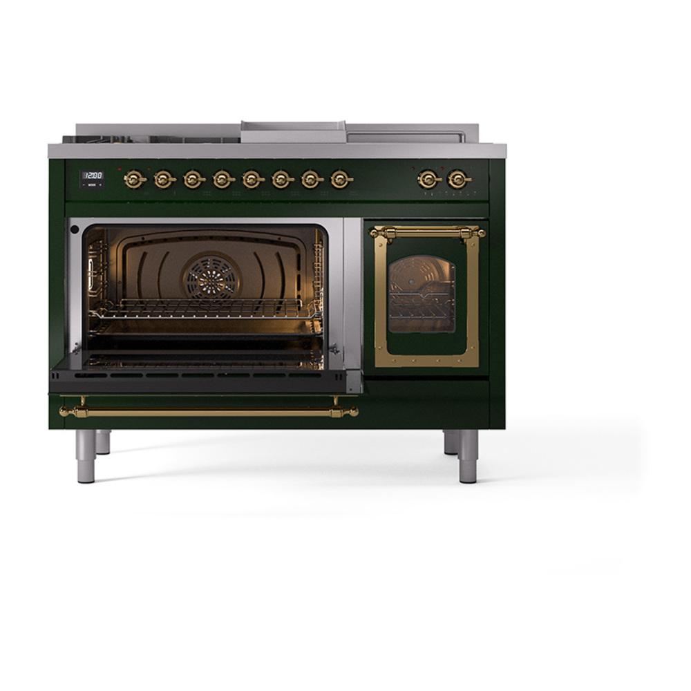 Ilve UN48FSNMPEGG Ilve Un48Fsnmpegg Nostalgie Ii Noblesse 48" Dual Fuel Range (5 Sealed Burners + Griddle + French Top, Natural Gas, Triple Glass Door, Emerald Green, Brass)