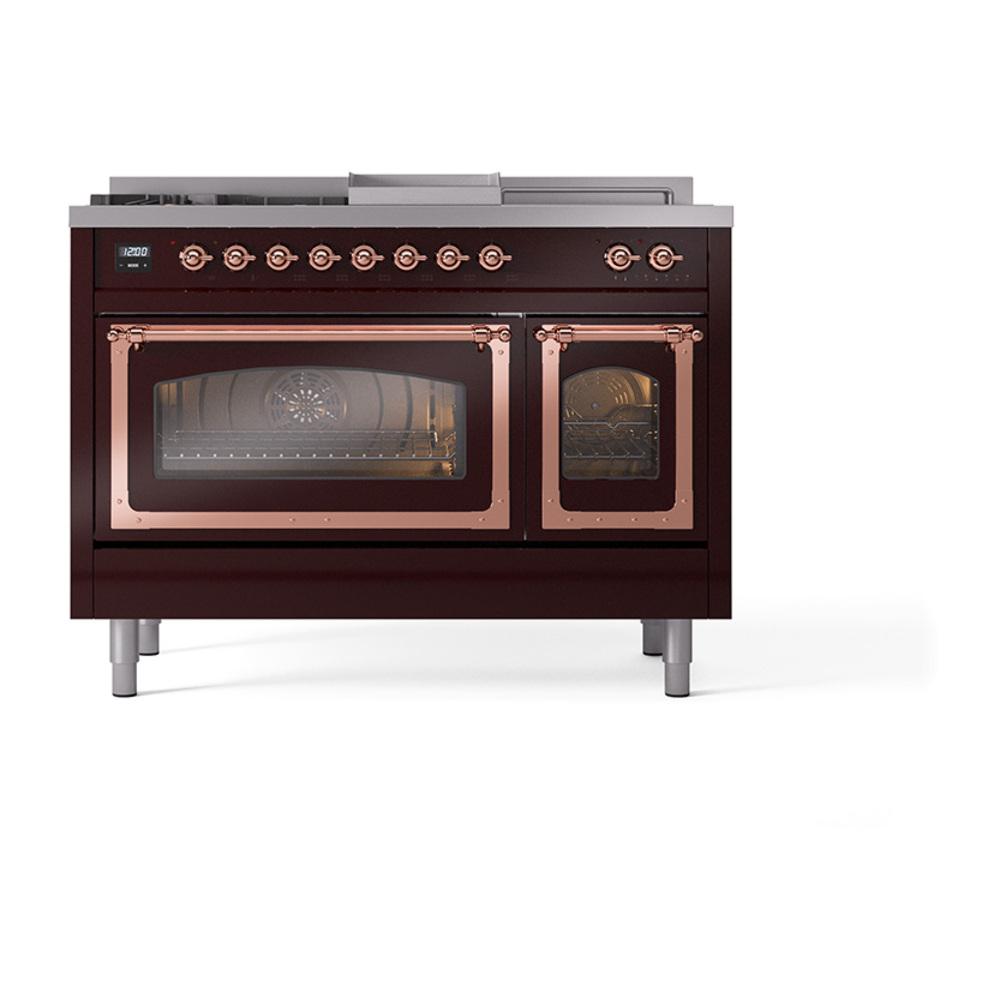 Ilve UN48FSNMPBUP Ilve Un48Fsnmpbup Nostalgie Ii Noblesse 48" Dual Fuel Range (5 Sealed Burners + Griddle + French Top, Natural Gas, Triple Glass Door, Burgundy, Copper)