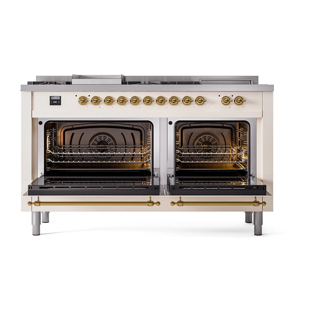 Ilve UN60FSQNMPAWG Ilve Un60Fsqnmpawg Nostalgie Ii Noblesse 60" Dual Fuel Range (7 Sealed Burners + Griddle + French Top, Natural Gas, Solid Door, Antique White, Brass)