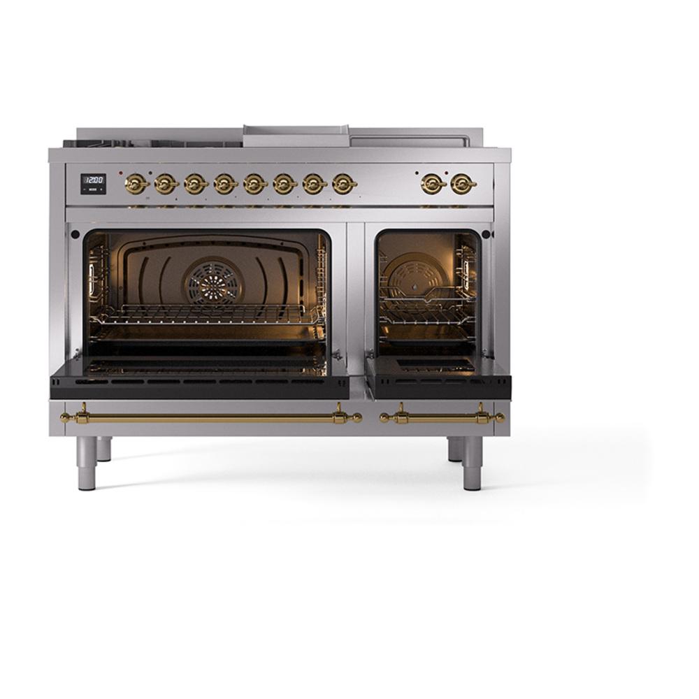Ilve UN48FSNMPSSGLP Ilve Un48Fsnmpssglp Nostalgie Ii Noblesse 48" Dual Fuel Range (5 Sealed Burners + Griddle + French Top, Liquid Propane, Triple Glass Door, Stainless Steel, Brass)