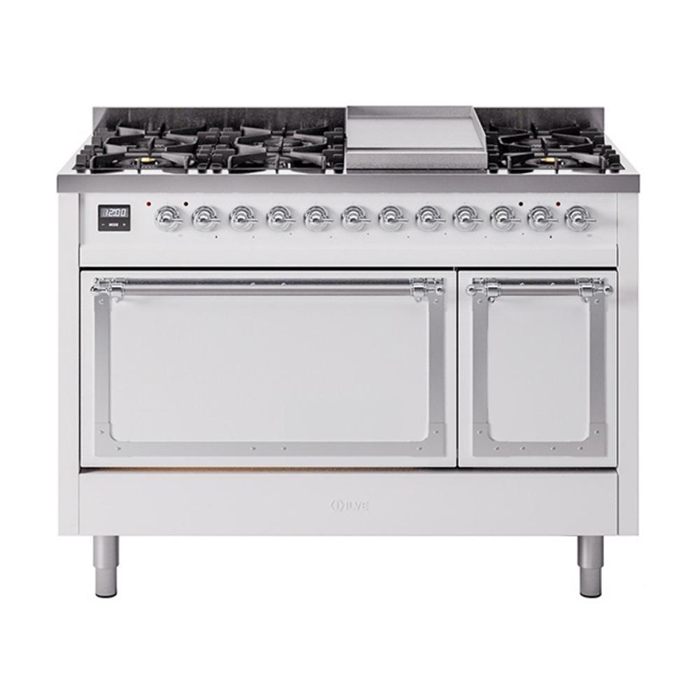 Ilve UN48FQNMPWHC Ilve Un48Fqnmpwhc Nostalgie Ii Noblesse 48" Dual Fuel Range (8 Sealed Burners + Griddle, Natural Gas, Solid Door, White, Chrome)