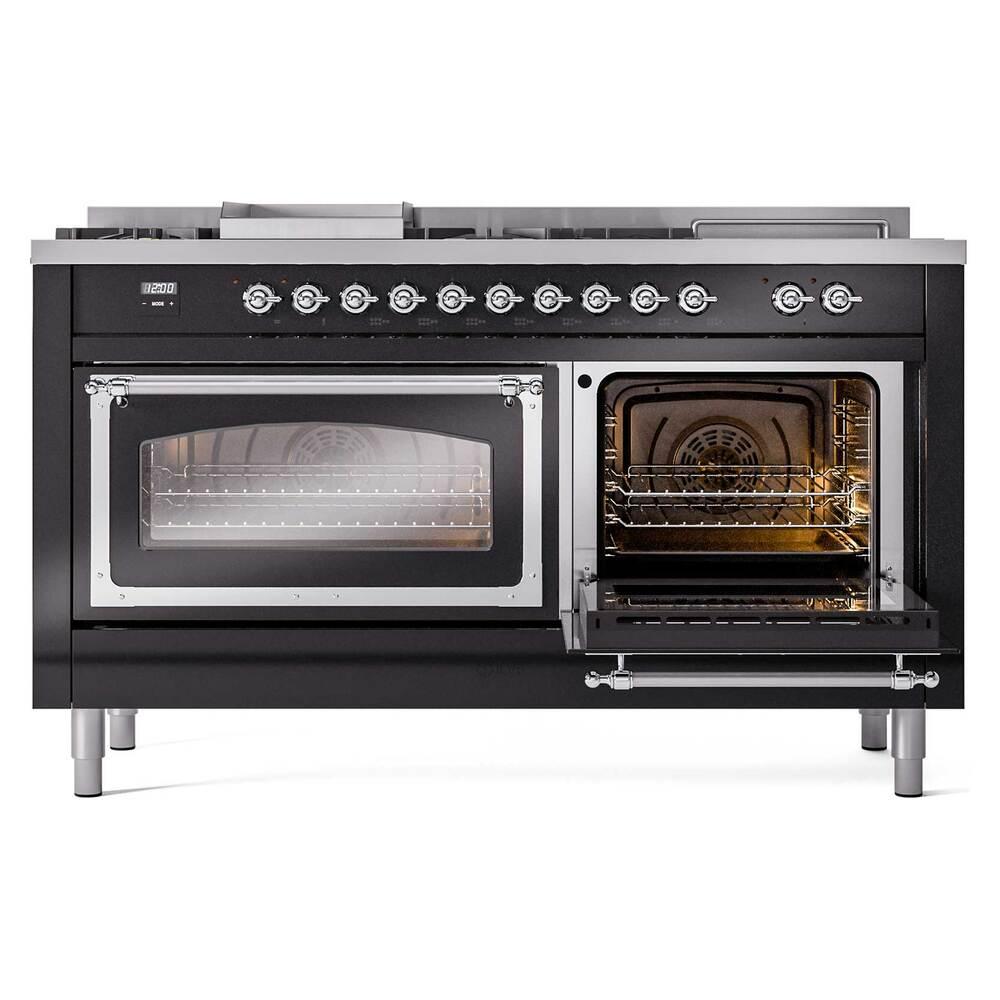Ilve UN60FSNMPBKCLP Ilve Un60Fsnmpbkclp Nostalgie Ii Noblesse 60" Dual Fuel Range (7 Sealed Burners + Griddle + French Top, Liquid Propane, Triple Glass Door, Glossy Black, Chrome)