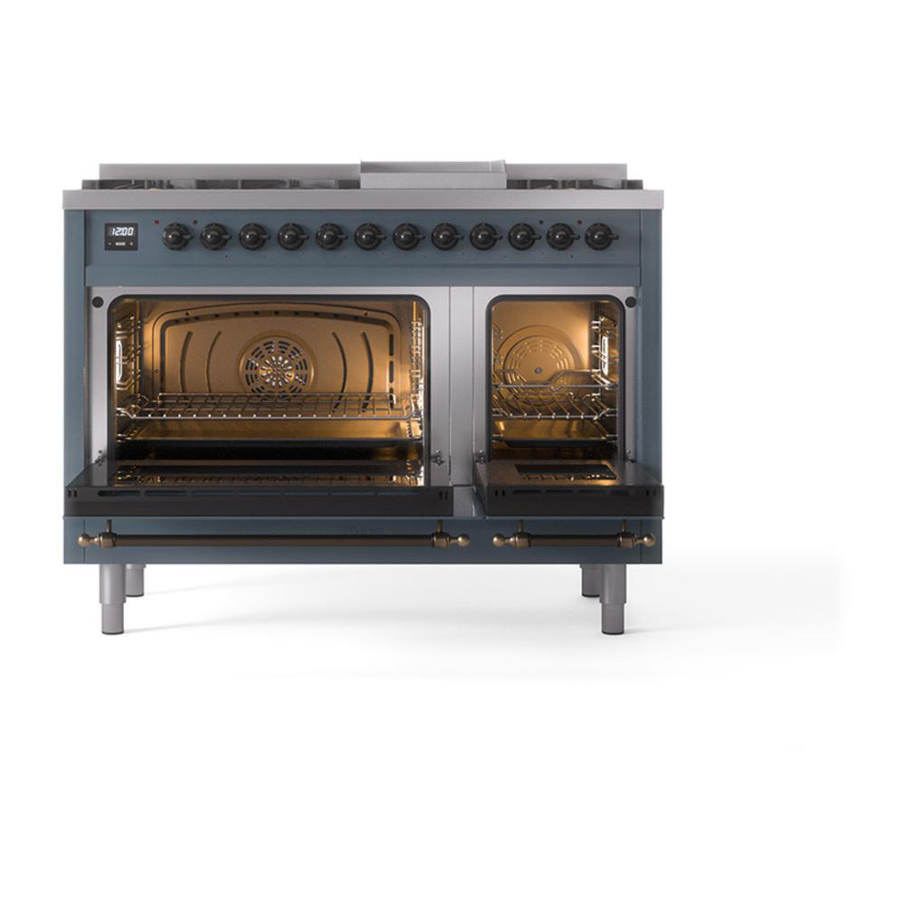 Ilve UN48FQNMPBGB Ilve Un48Fqnmpbgb Nostalgie Ii Noblesse 48" Dual Fuel Range (8 Sealed Burners + Griddle, Natural Gas, Solid Door, Blue Grey, Burnished)
