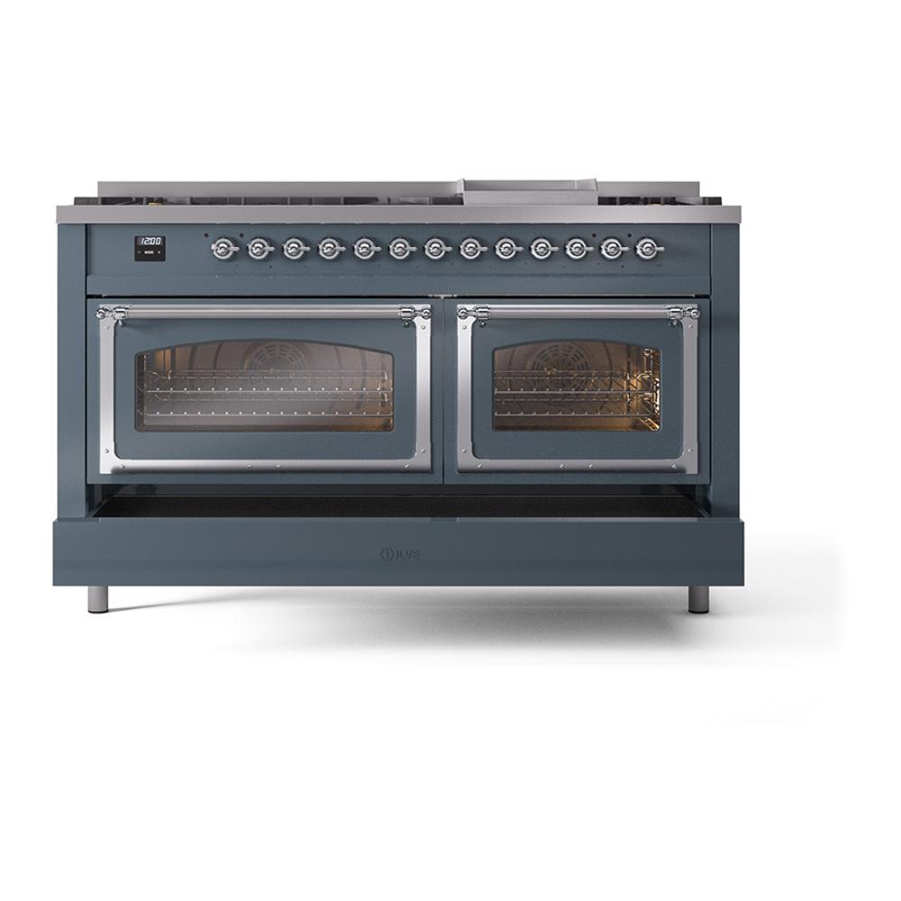 Ilve UN60FNMPBGCLP Ilve Un60Fnmpbgclp Nostalgie Ii Noblesse 60" Dual Fuel Range (9 Sealed Burners + Griddle, Liquid Propane, Triple Glass Door, Blue Grey, Chrome)
