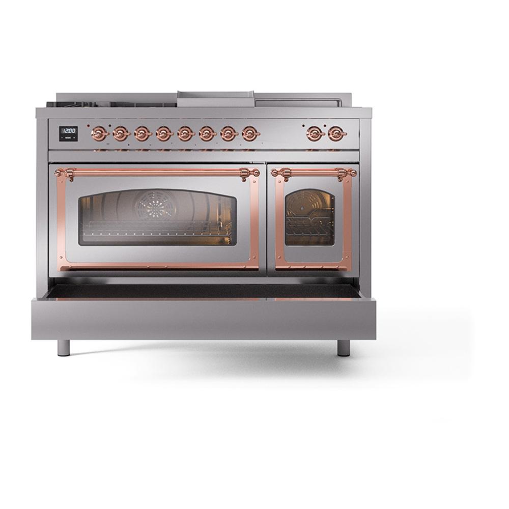 Ilve UN48FSNMPSSP Ilve Un48Fsnmpssp Nostalgie Ii Noblesse 48" Dual Fuel Range (5 Sealed Burners + Griddle + French Top, Natural Gas, Triple Glass Door, Stainless Steel, Copper)