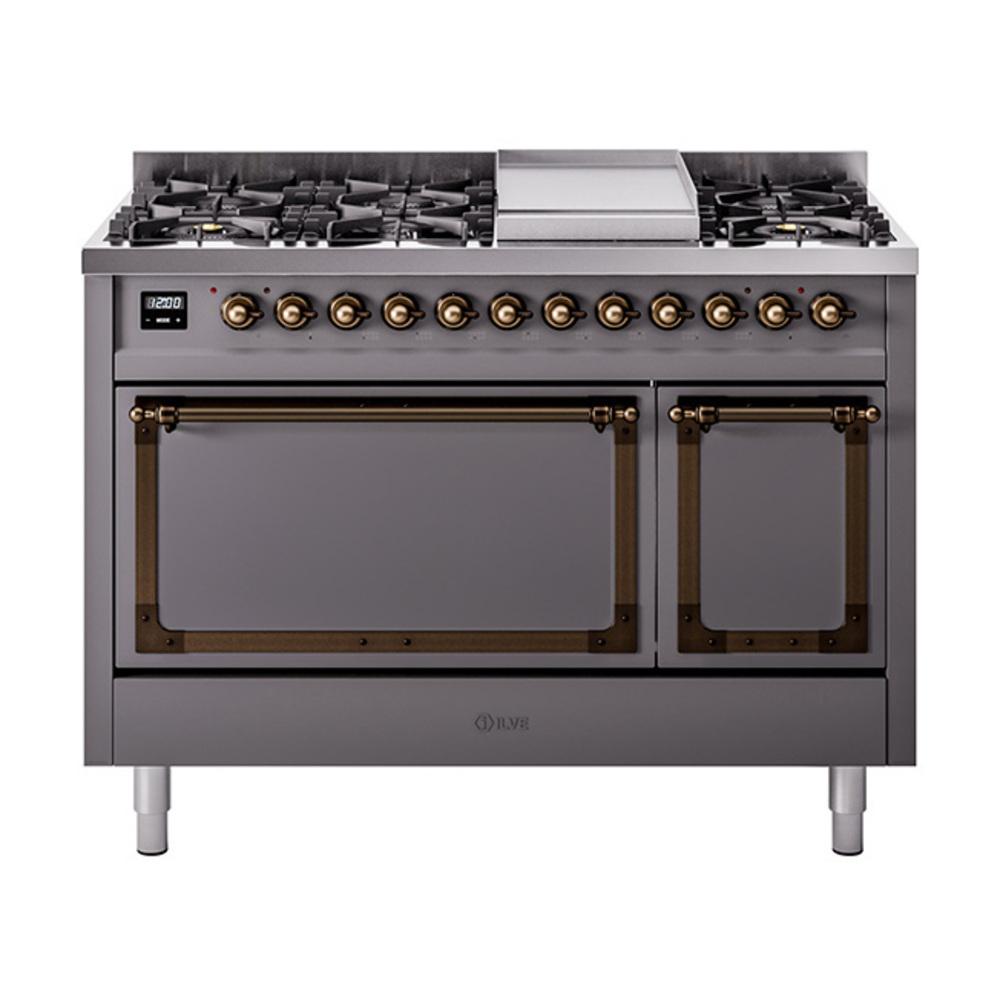 Ilve UN48FQNMPMGBLP Ilve Un48Fqnmpmgblp Nostalgie Ii Noblesse 48" Dual Fuel Range (8 Sealed Burners + Griddle, Liquid Propane, Solid Door, Graphite Matte, Burnished)