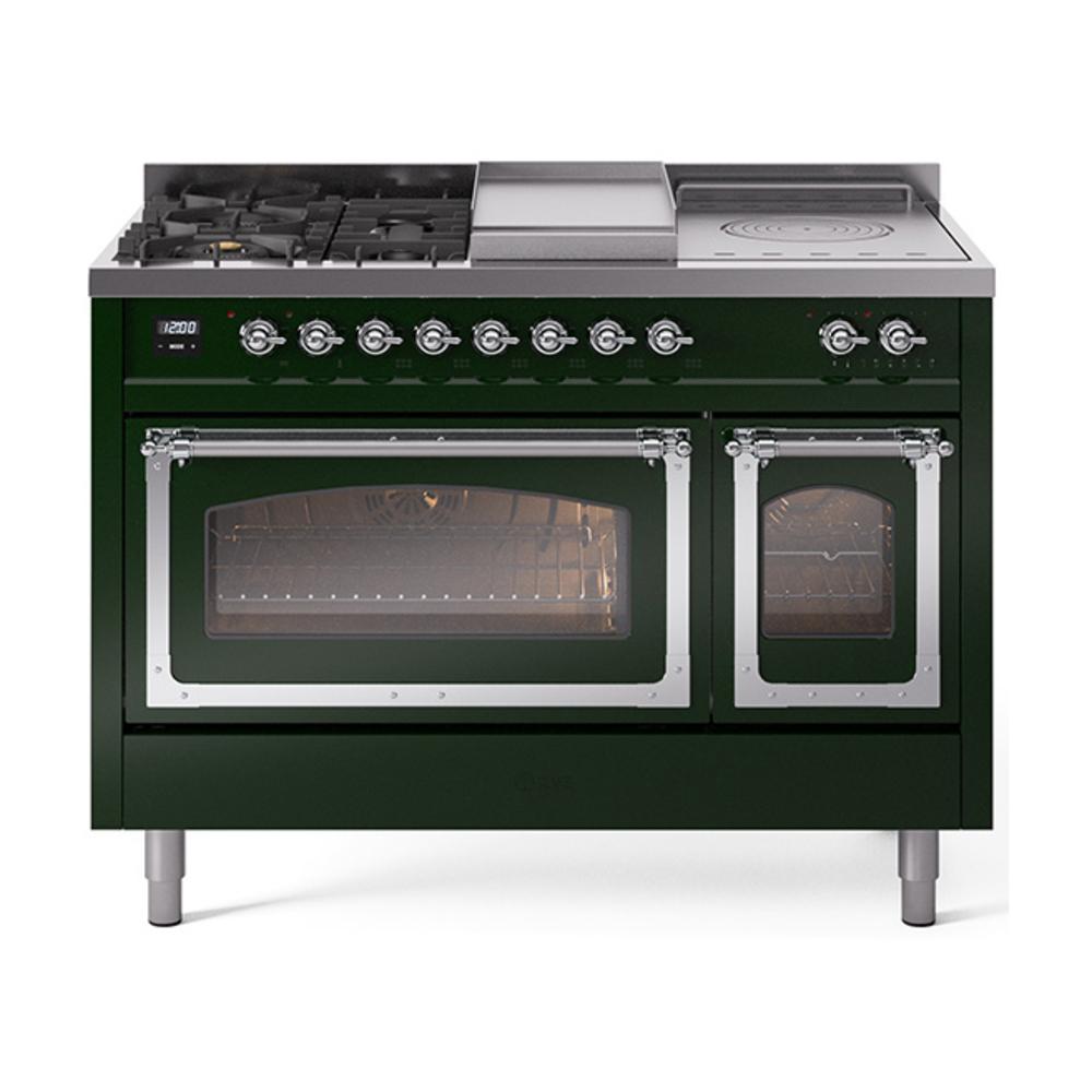 Ilve UN48FSNMPEGCLP Ilve Un48Fsnmpegclp Nostalgie Ii Noblesse 48" Dual Fuel Range (5 Sealed Burners + Griddle + French Top, Liquid Propane, Triple Glass Door, Emerald Green, Chrome)