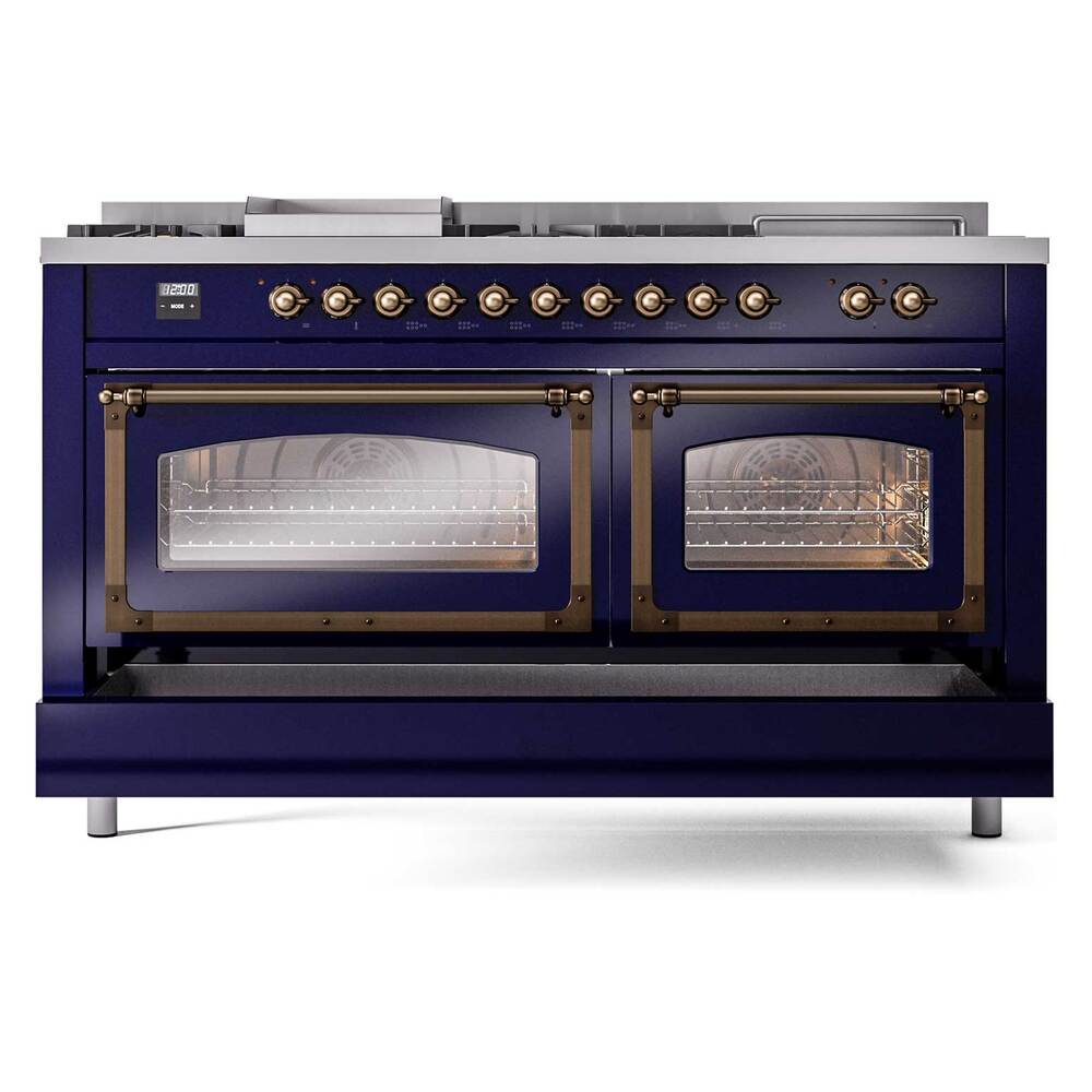 Ilve UN60FSNMPMBB Ilve Un60Fsnmpmbb Nostalgie Ii Noblesse 60" Dual Fuel Range (7 Sealed Burners + Griddle + French Top, Natural Gas, Triple Glass Door, Midnight Blue, Burnished)