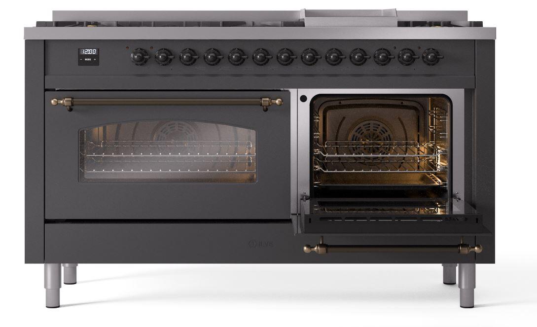 Ilve UP60FNMPMGBLP Nostalgie Ii 60 Inch Dual Fuel Liquid Propane Freestanding Range In Matte Graphite With Bronze Trim