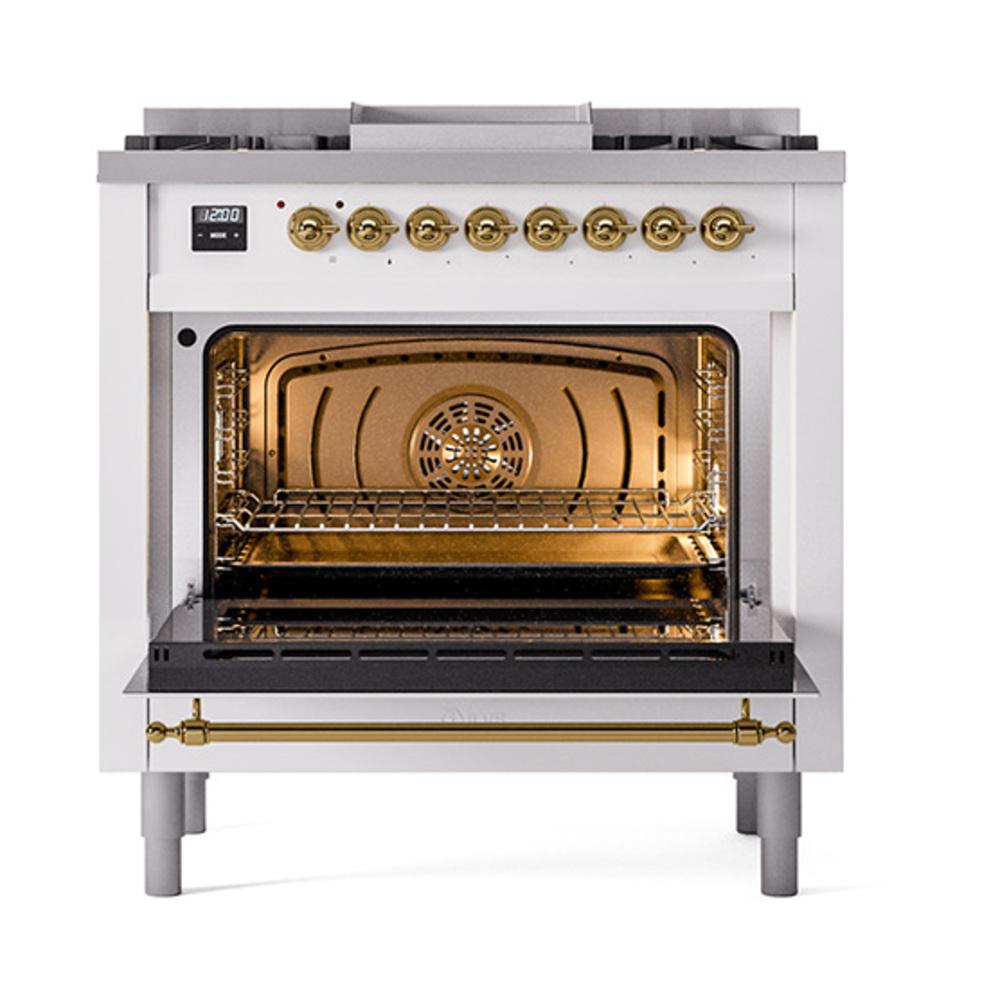 Ilve UN36FNMPWHG Ilve Un36Fnmpwhg Nostalgie Ii Noblesse 36" Dual Fuel Range (Natural Gas, Triple Glass Door, White, Brass)