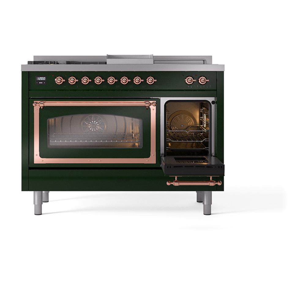 Ilve UN48FSNMPEGPLP Ilve Un48Fsnmpegplp Nostalgie Ii Noblesse 48" Dual Fuel Range (5 Sealed Burners + Griddle + French Top, Liquid Propane, Triple Glass Door, Emerald Green, Copper)