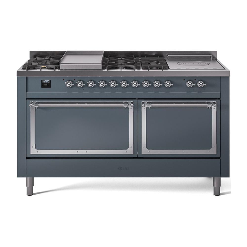 Ilve UN60FSQNMPBGCLP Ilve Un60Fsqnmpbgclp Nostalgie Ii Noblesse 60" Dual Fuel Range (7 Sealed Burners + Griddle + French Top, Liquid Propane, Solid Door, Blue Grey, Chrome)