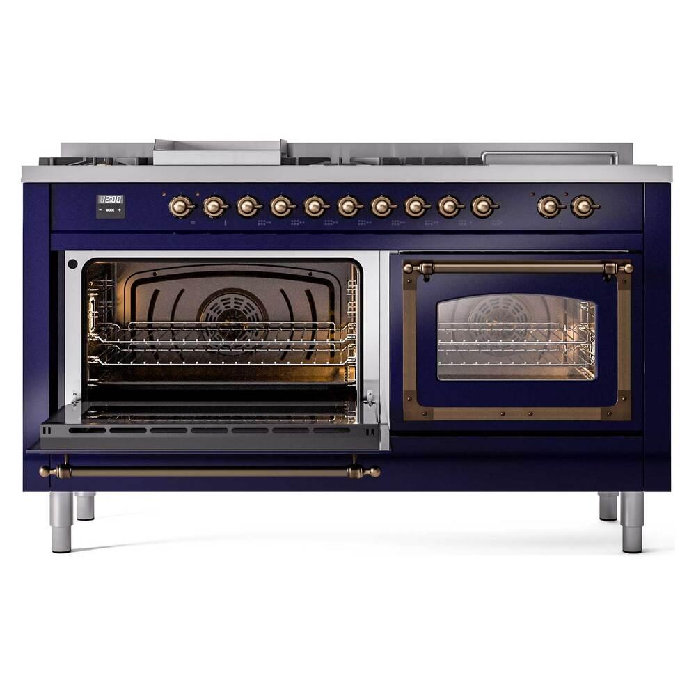 Ilve UN60FSNMPMBBLP Ilve Un60Fsnmpmbblp Nostalgie Ii Noblesse 60" Dual Fuel Range (7 Sealed Burners + Griddle + French Top, Liquid Propane, Triple Glass Door, Midnight Blue, Burnished)