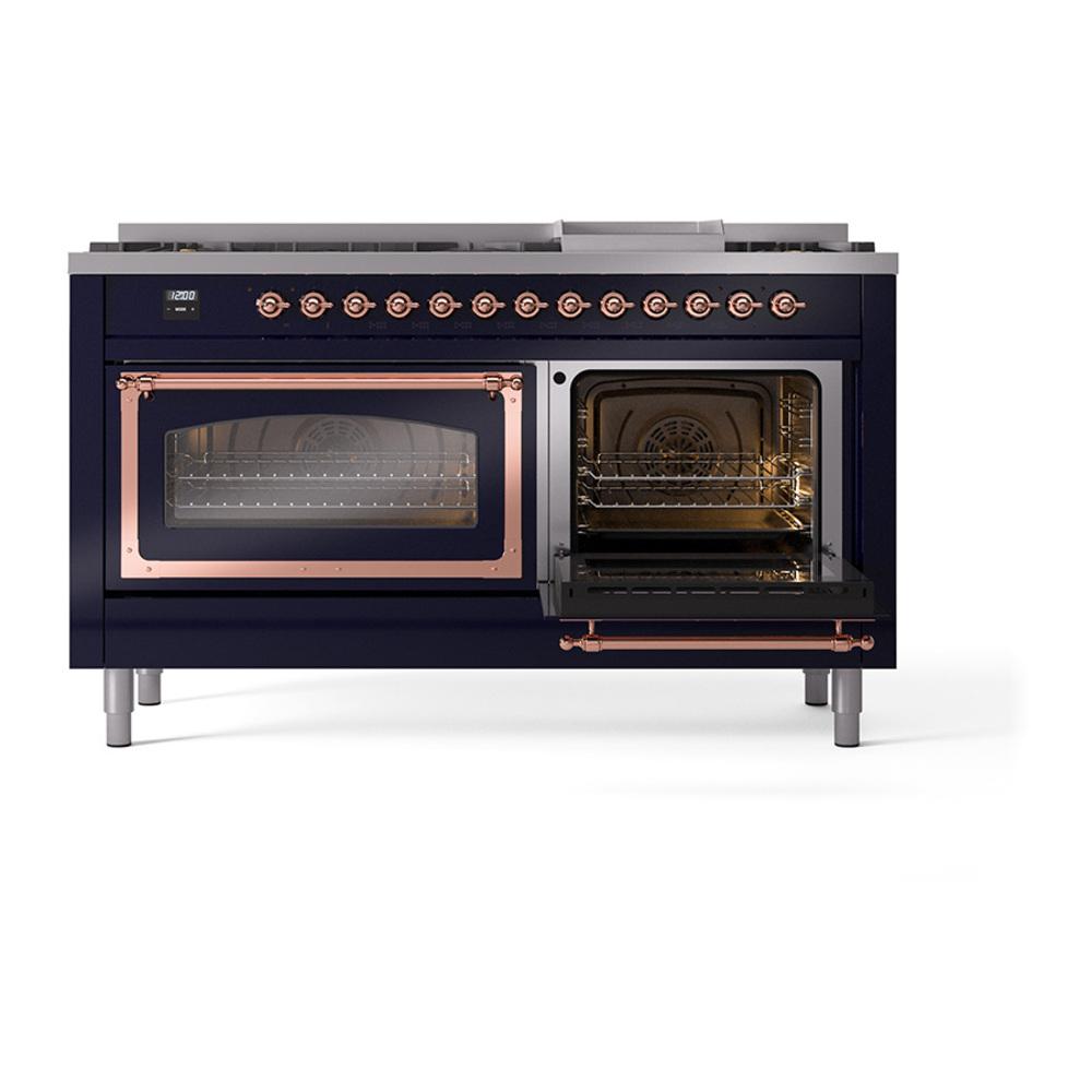 Ilve UN60FNMPMBP Ilve Un60Fnmpmbp Nostalgie Ii Noblesse 60" Dual Fuel Range (9 Sealed Burners + Griddle, Natural Gas, Triple Glass Door, Midnight Blue, Copper)