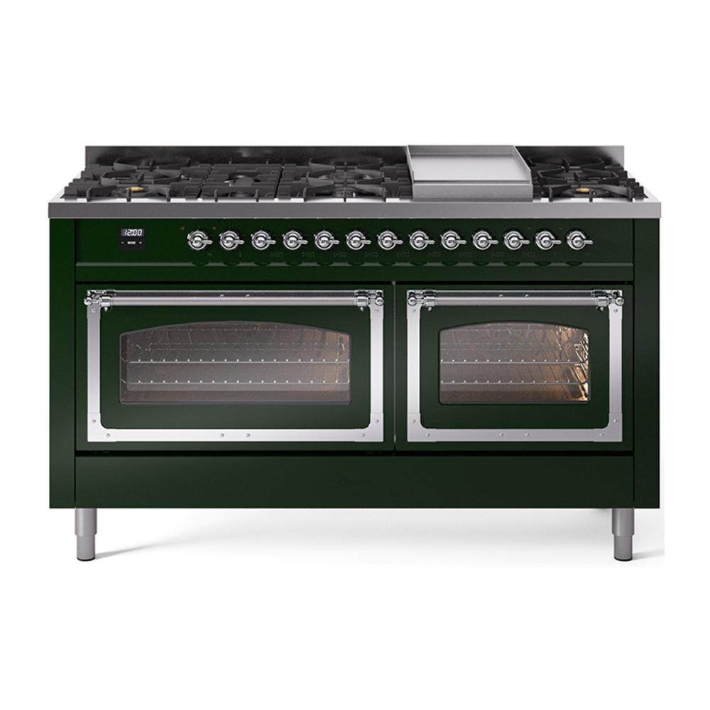 Ilve UN60FNMPEGCLP Ilve Un60Fnmpegclp Nostalgie Ii Noblesse 60" Dual Fuel Range (9 Sealed Burners + Griddle, Liquid Propane, Triple Glass Door, Emerald Green, Chrome)