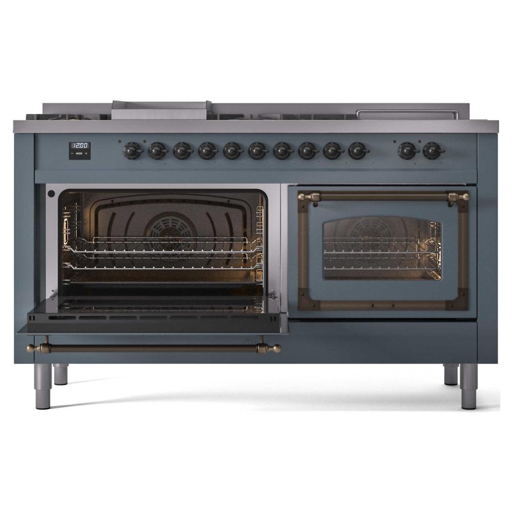 Ilve UN60FSNMPBGB Ilve Un60Fsnmpbgb Nostalgie Ii Noblesse 60" Dual Fuel Range (7 Sealed Burners + Griddle + French Top, Natural Gas, Triple Glass Door, Blue Grey, Burnished)