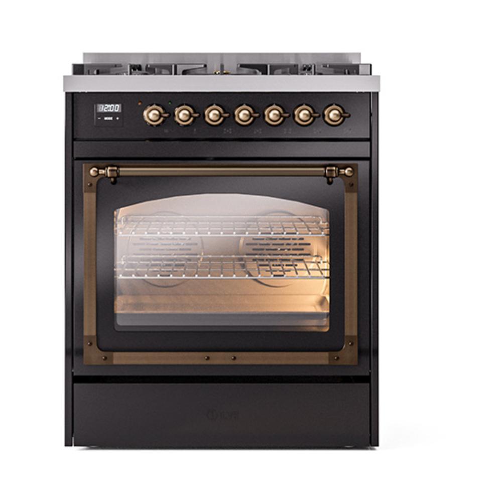 Ilve UN30NMPBKB Ilve Un30Nmpbkb Nostalgie Ii Noblesse 30" Dual Fuel Range (Natural Gas, Triple Glass Door, Glossy Black, Burnished)