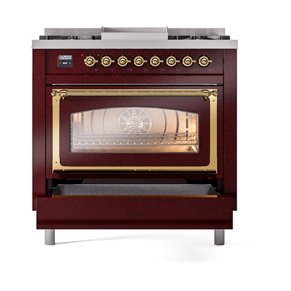 Ilve UN36FNMPBUGLP Ilve Un36Fnmpbuglp Nostalgie Ii Noblesse 36" Dual Fuel Range (Liquid Propane, Triple Glass Door, Burgundy, Brass)