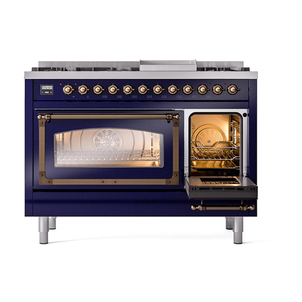 Ilve UN48FNMPMBB Ilve Un48Fnmpmbb Nostalgie Ii Noblesse 48" Dual Fuel Range (8 Sealed Burners + Griddle, Natural Gas, Triple Glass Door, Midnight Blue, Burnished)