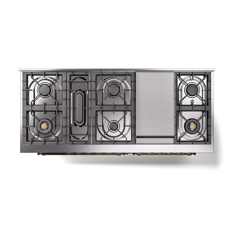 Ilve UN60FQNMPMBG Ilve Un60Fqnmpmbg Nostalgie Ii Noblesse 60" Dual Fuel Range (9 Sealed Burners + Griddle, Natural Gas, Solid Door, Midnight Blue, Brass)