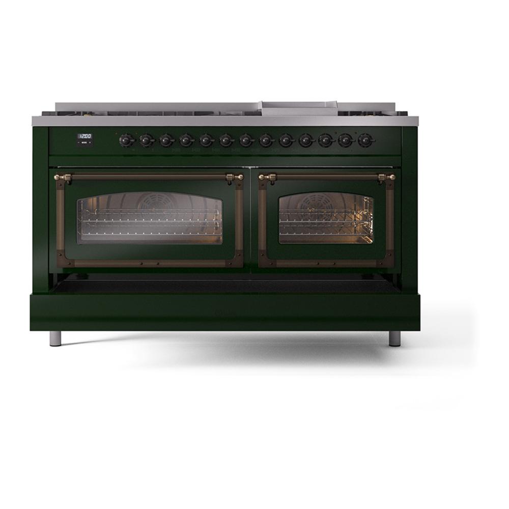 Ilve UN60FNMPEGB Ilve Un60Fnmpegb Nostalgie Ii Noblesse 60" Dual Fuel Range (9 Sealed Burners + Griddle, Natural Gas, Triple Glass Door, Emerald Green, Burnished)