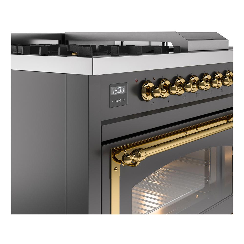 Ilve UN48FSNMPMGGLP Ilve Un48Fsnmpmgglp Nostalgie Ii Noblesse 48" Dual Fuel Range (5 Sealed Burners + Griddle + French Top, Liquid Propane, Triple Glass Door, Graphite Matte, Brass)
