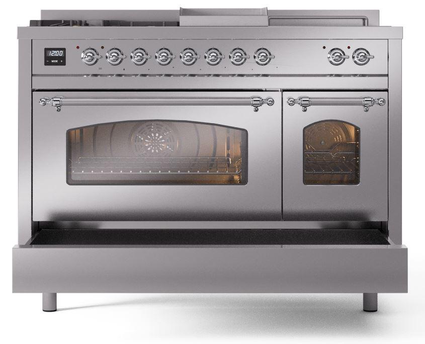 Ilve UP48FSNMPSSCLP Nostalgie Ii 48 Inch Dual Fuel Liquid Propane Freestanding Range In Stainless Steel With Chrome Trim