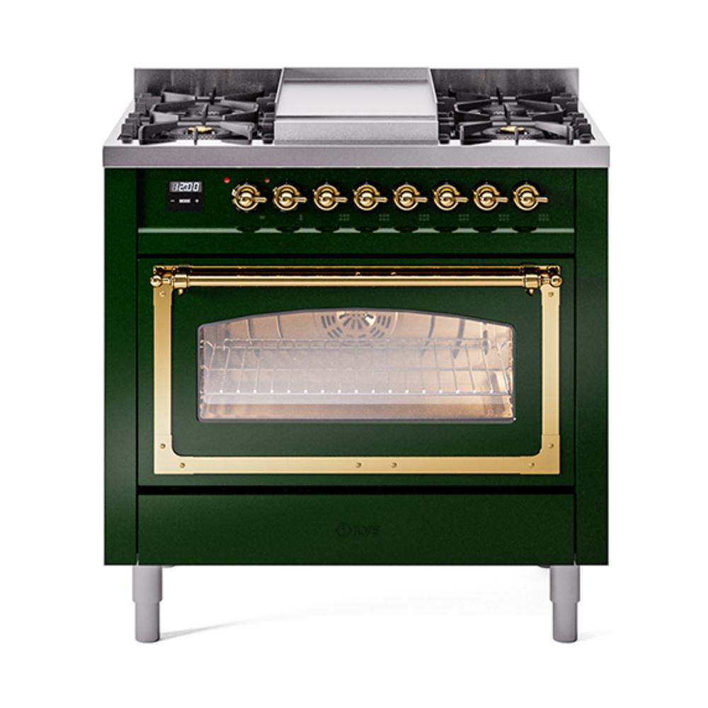 Ilve UN36FNMPEGGLP Ilve Un36Fnmpegglp Nostalgie Ii Noblesse 36" Dual Fuel Range (Liquid Propane, Triple Glass Door, Emerald Green, Brass)