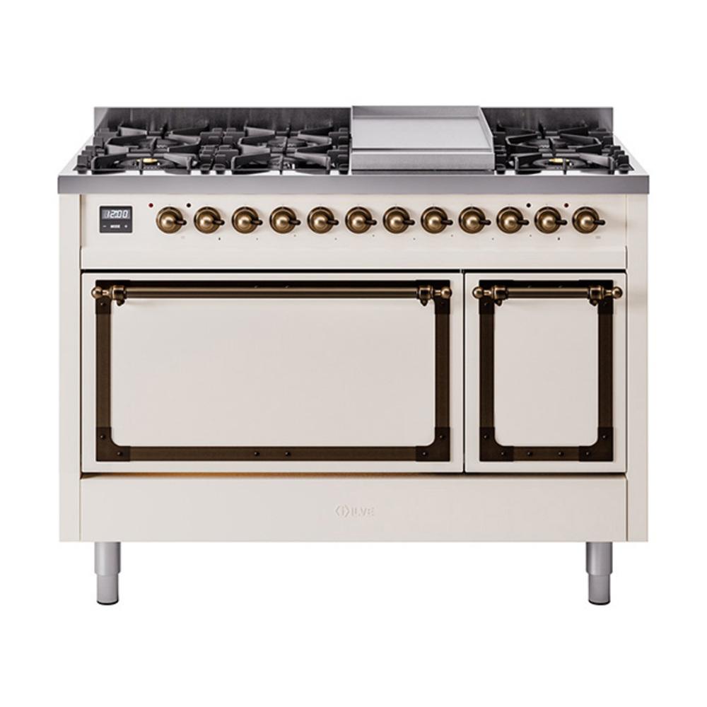 Ilve UN48FQNMPAWBLP Ilve Un48Fqnmpawblp Nostalgie Ii Noblesse 48" Dual Fuel Range (8 Sealed Burners + Griddle, Liquid Propane, Solid Door, Antique White, Burnished)