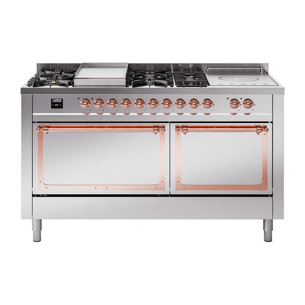 Ilve UN60FSQNMPSSP Ilve Un60Fsqnmpssp Nostalgie Ii Noblesse 60" Dual Fuel Range (7 Sealed Burners + Griddle + French Top, Natural Gas, Solid Door, Stainless Steel, Copper)
