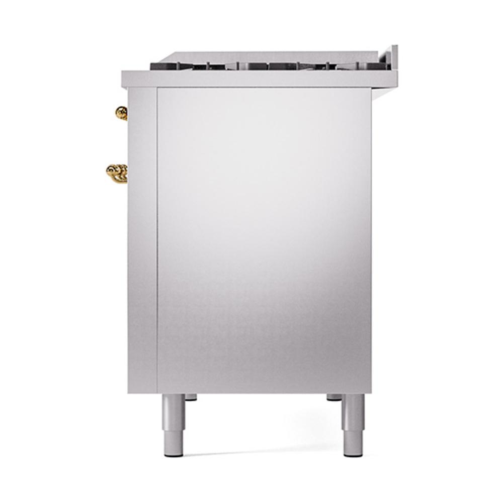 Ilve UN48FQNMPSSG Ilve Un48Fqnmpssg Nostalgie Ii Noblesse 48" Dual Fuel Range (8 Sealed Burners + Griddle, Natural Gas, Solid Door, Stainless Steel, Brass)