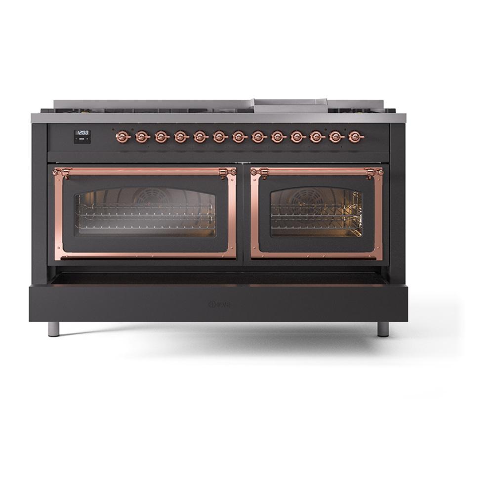 Ilve UN60FNMPMGP Ilve Un60Fnmpmgp Nostalgie Ii Noblesse 60" Dual Fuel Range (9 Sealed Burners + Griddle, Natural Gas, Triple Glass Door, Graphite Matte, Copper)