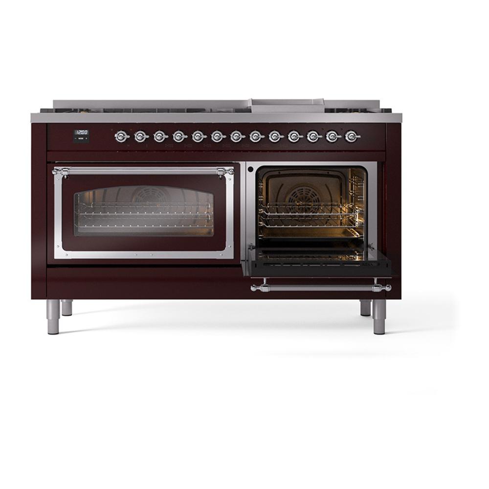 Ilve UN60FNMPBUC Ilve Un60Fnmpbuc Nostalgie Ii Noblesse 60" Dual Fuel Range (9 Sealed Burners + Griddle, Natural Gas, Triple Glass Door, Burgundy, Chrome)