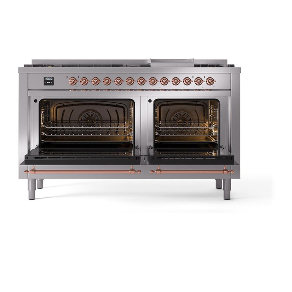 Ilve UN60FNMPSSPLP Ilve Un60Fnmpssplp Nostalgie Ii Noblesse 60" Dual Fuel Range (9 Sealed Burners + Griddle, Liquid Propane, Triple Glass Door, Stainless Steel, Copper)