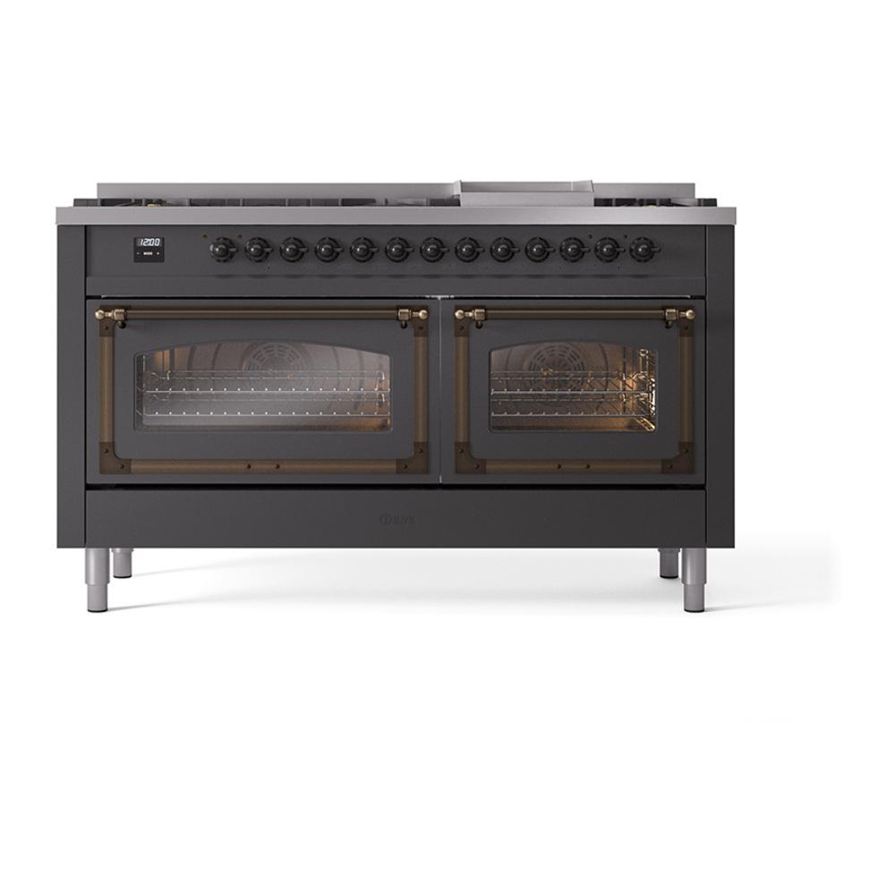 Ilve UN60FNMPMGB Ilve Un60Fnmpmgb Nostalgie Ii Noblesse 60" Dual Fuel Range (9 Sealed Burners + Griddle, Natural Gas, Triple Glass Door, Graphite Matte, Burnished)