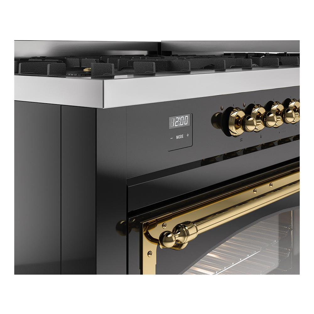 Ilve UN60FNMPBKGLP Ilve Un60Fnmpbkglp Nostalgie Ii Noblesse 60" Dual Fuel Range (9 Sealed Burners + Griddle, Liquid Propane, Triple Glass Door, Glossy Black, Brass)