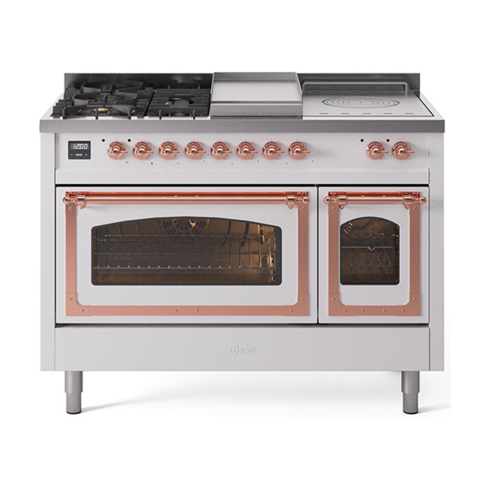Ilve UN48FSNMPWHP Ilve Un48Fsnmpwhp Nostalgie Ii Noblesse 48" Dual Fuel Range (5 Sealed Burners + Griddle + French Top, Natural Gas, Triple Glass Door, White, Copper)
