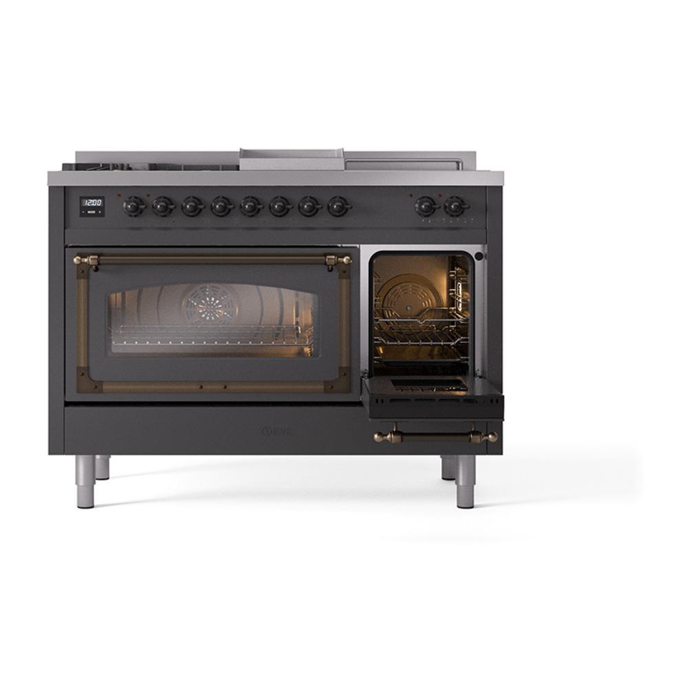 Ilve UN48FSNMPMGB Ilve Un48Fsnmpmgb Nostalgie Ii Noblesse 48" Dual Fuel Range (5 Sealed Burners + Griddle + French Top, Natural Gas, Triple Glass Door, Graphite Matte, Burnished)